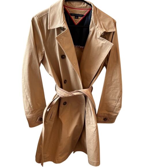 Tommy Hilfiger Women's khaki trench coat with Blue Red White Stripes Size M - Picture 1 of 8